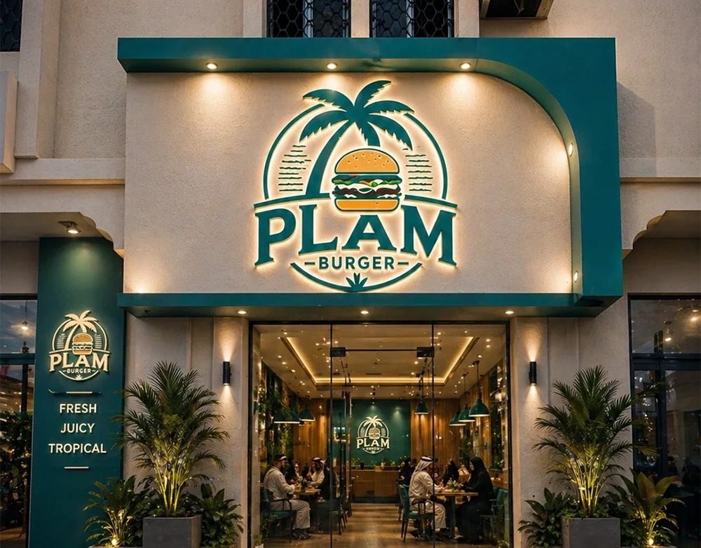 هوية Plam Burger البصرية مطبّقة على التغليف واللافتات