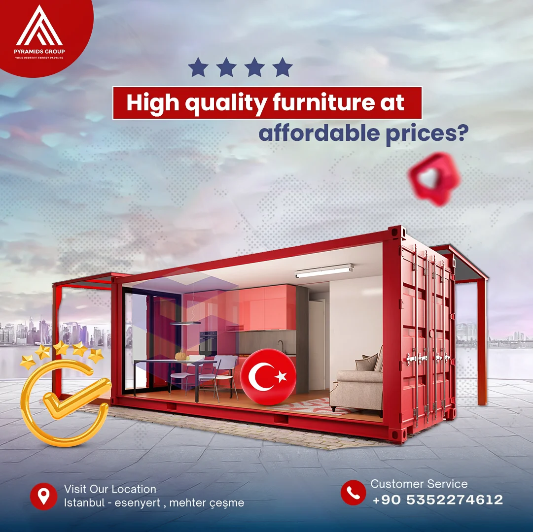 منشور Pyramids: «High quality furniture at affordable prices?» — حاوية حمراء مفتوحة مجهّزة كغرفة معيشة ومطبخ، مع العلم التركي