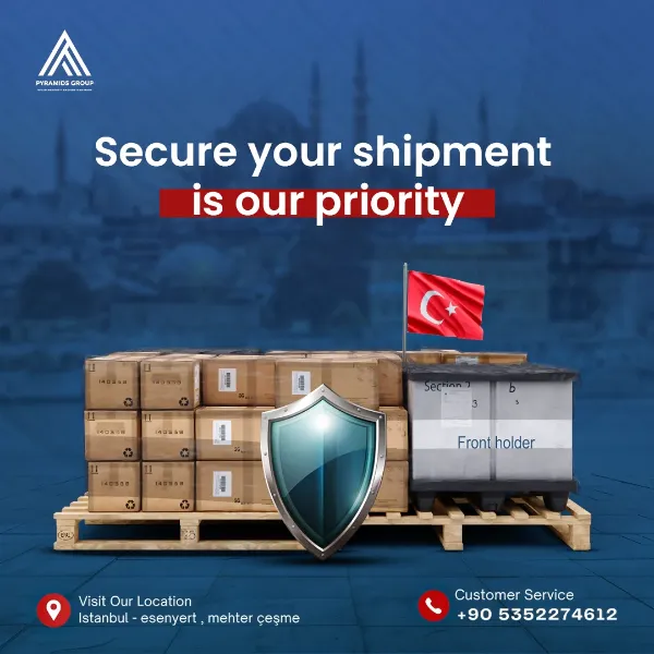 منشور Pyramids: «Secure your shipment is our priority» — طبلية صناديق شحن مع درع حماية والعلم التركي