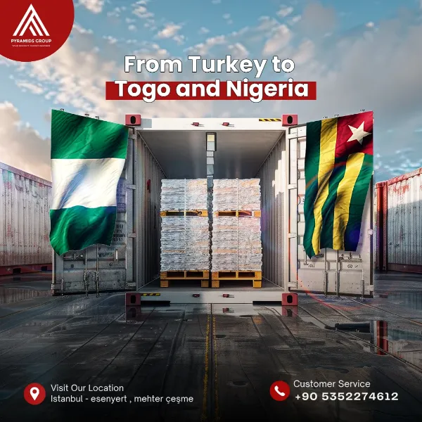 منشور Pyramids: «From Turkey to Togo and Nigeria» — حاوية مفتوحة محمّلة بطبليات بين علمَي نيجيريا وتوجو