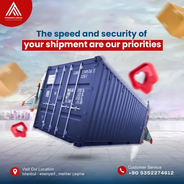 منشور Pyramids: «The speed and security of your shipment are our priorities» — حاوية زرقاء بصواريخ صغيرة ترمز إلى السرعة
