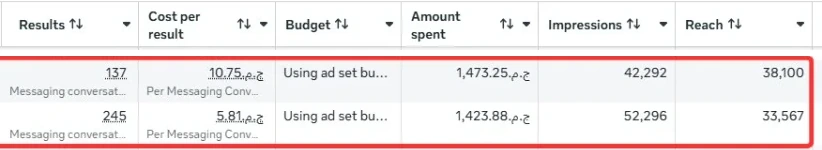 صفّان من جدول مدير إعلانات Meta: 137 محادثة بتكلفة 10.75 ج.م ومبلغ منفق 1,473.25 ج.م؛ و245 محادثة بتكلفة 5.81 ج.م ومبلغ منفق 1,423.88 ج.م