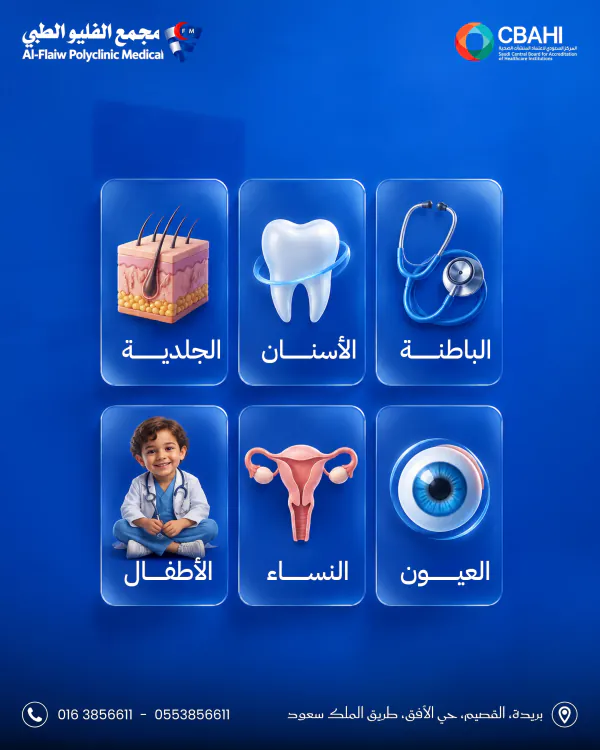 منشور مجمع الفليو الطبي: ست بطاقات زجاجية على خلفية زرقاء — الباطنة (سماعة طبية)، والأسنان (ضرس)، والجلدية (مقطع جلد)، والعيون (عين)، والنساء (رحم)، والأطفال (طفل بمعطف طبيب)