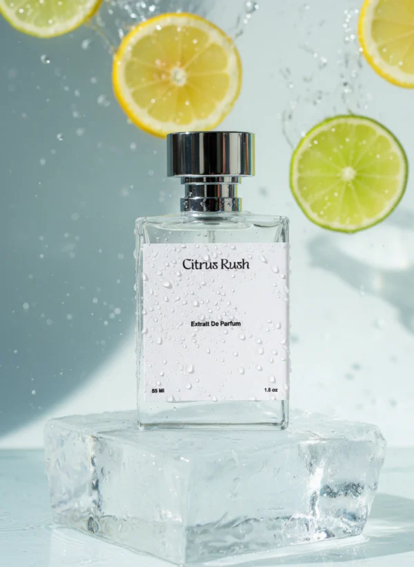 زجاجة Velora Citrus Rush على كتلة ثلج مع شرائح ليمون وليم متطايرة وقطرات ماء