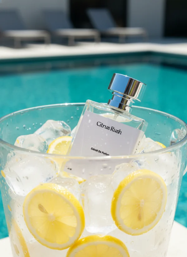 زجاجة Velora Citrus Rush في دلو ثلج مع شرائح ليمون بجوار مسبح