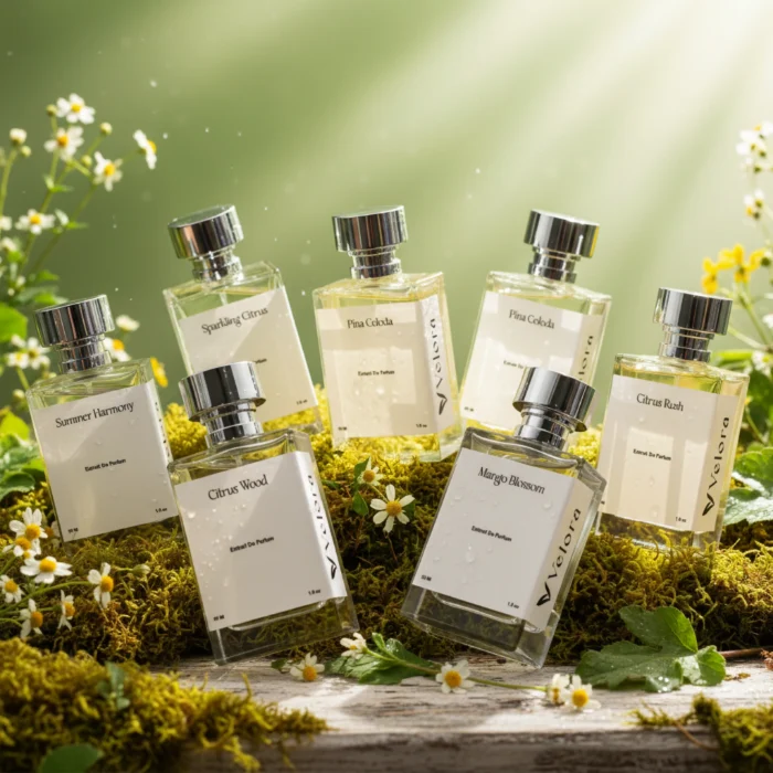 مجموعة عطور Velora على طحالب خضراء بين زهور البابونج في ضوء الشمس: Summer Harmony وSparkling Citrus وPina Colada وCitrus Wood وMango Blossom وCitrus Rush