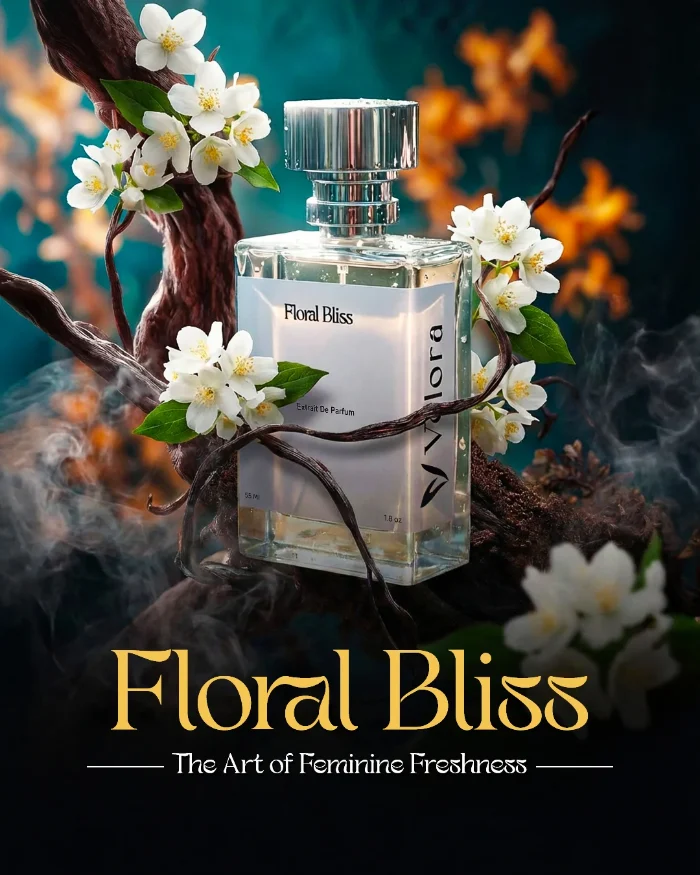 بوستر Velora لعطر Floral Bliss بعبارة «The Art of Feminine Freshness» — الزجاجة بين أغصان وزهور بيضاء ودخان خفيف