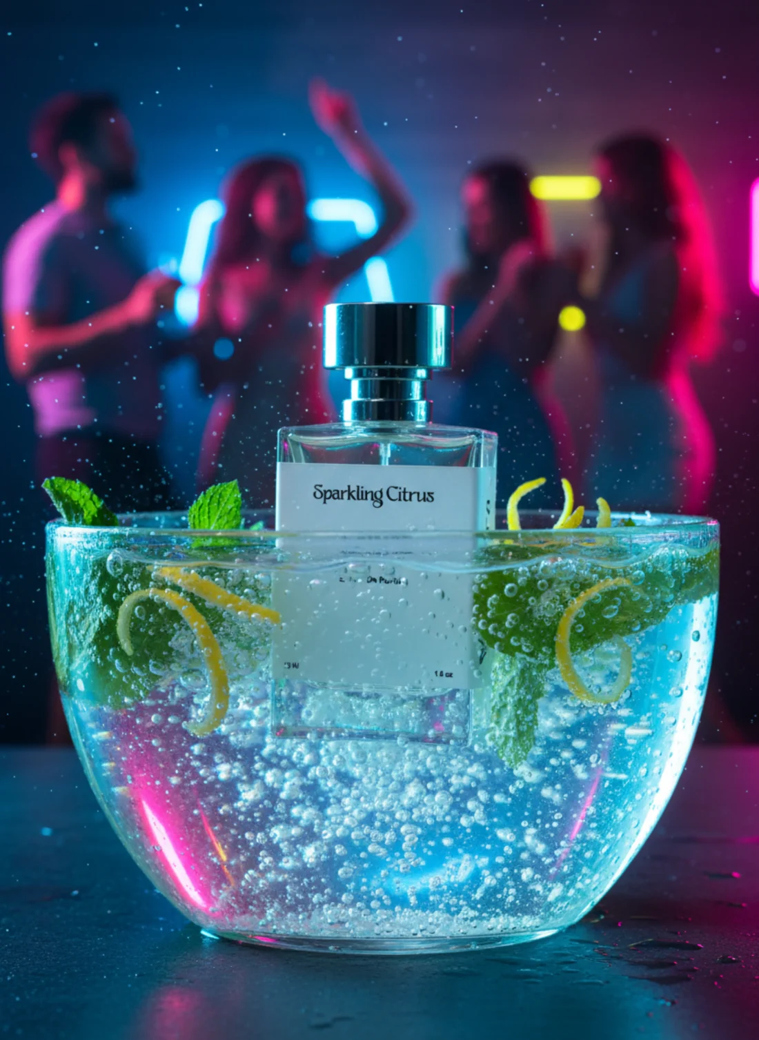 زجاجة Velora Sparkling Citrus في وعاء ماء فوّار بالنعناع وقشر الليمون، أمام أشخاص يرقصون تحت إضاءة نيون