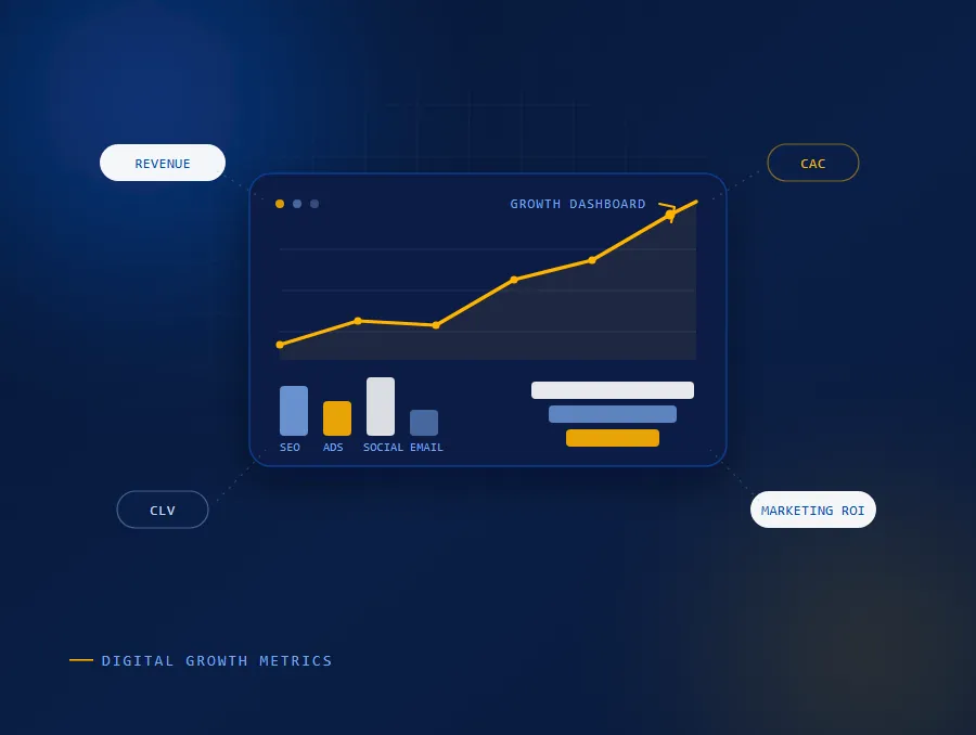 Digital Growth Metrics dashboard showing revenue growth, conversion rate, CAC, CLV, retention, and marketing ROI