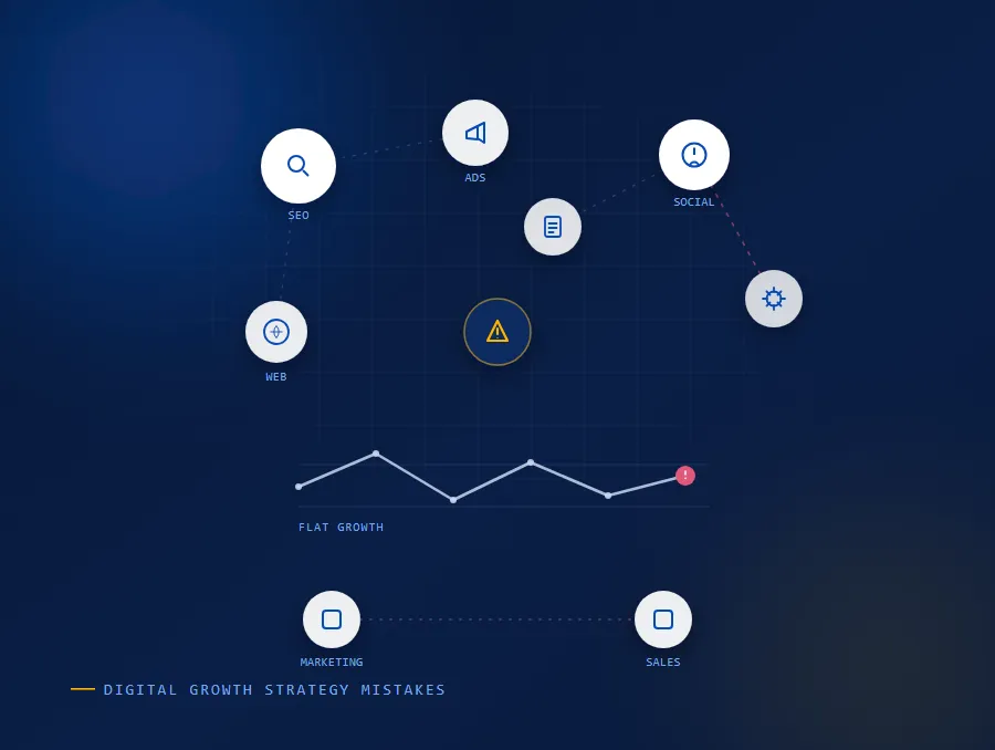 Digital Growth Strategy Mistakes showing scattered channels, weak KPIs, traffic without conversions, and disconnected teams