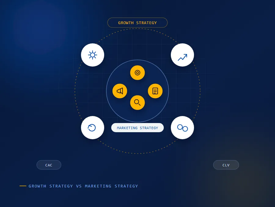 Growth Strategy vs Marketing Strategy comparison showing business growth, marketing channels, KPIs, revenue, acquisition, and retention